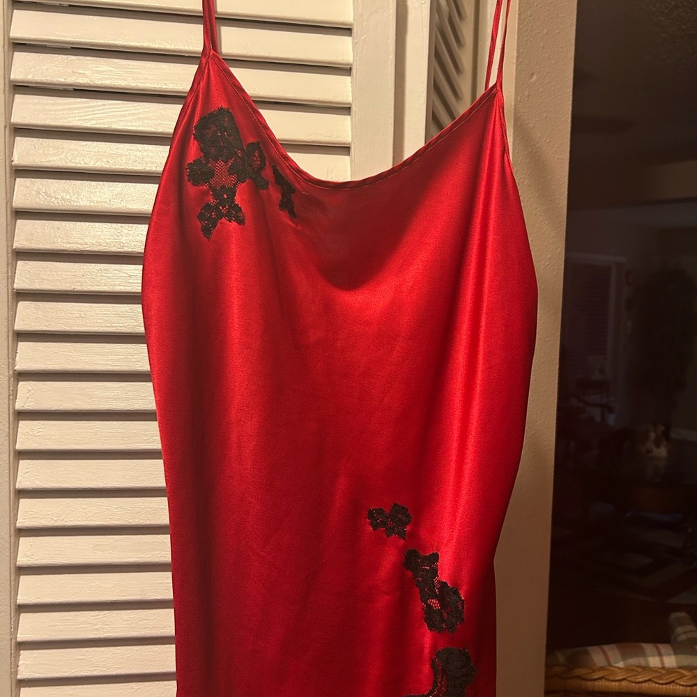 Elegant Red Satin Slip with Black Lace Accents